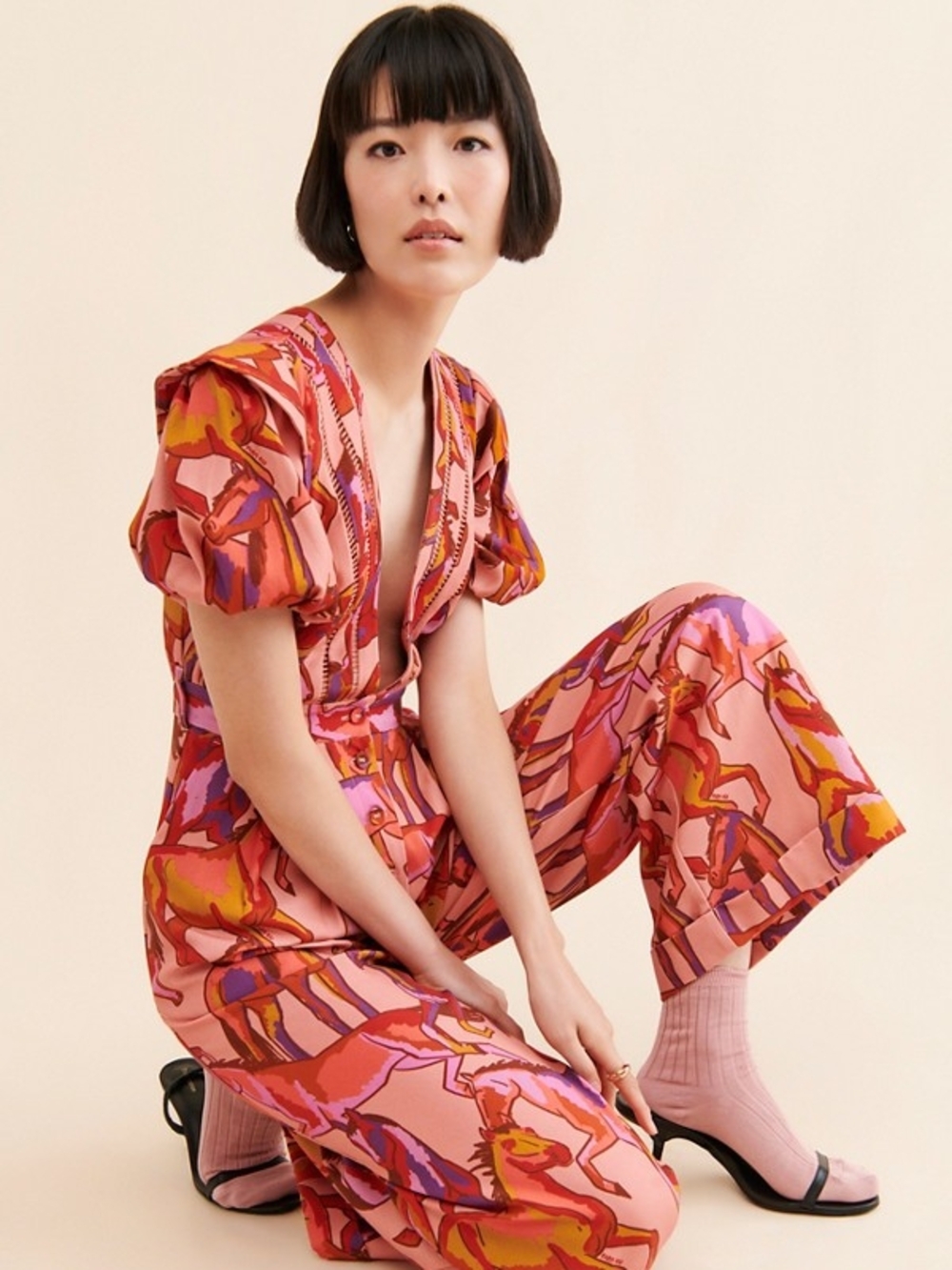 FARM Rio Pink & Multicolor V-Neck Puff-Sleeve Jumpsuit